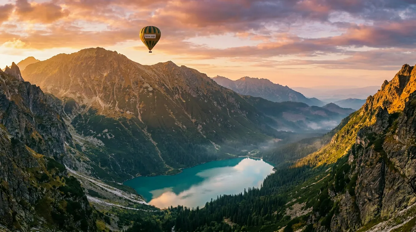 Panorama Tatr o zachodzie słońca z balonem tatra.app
